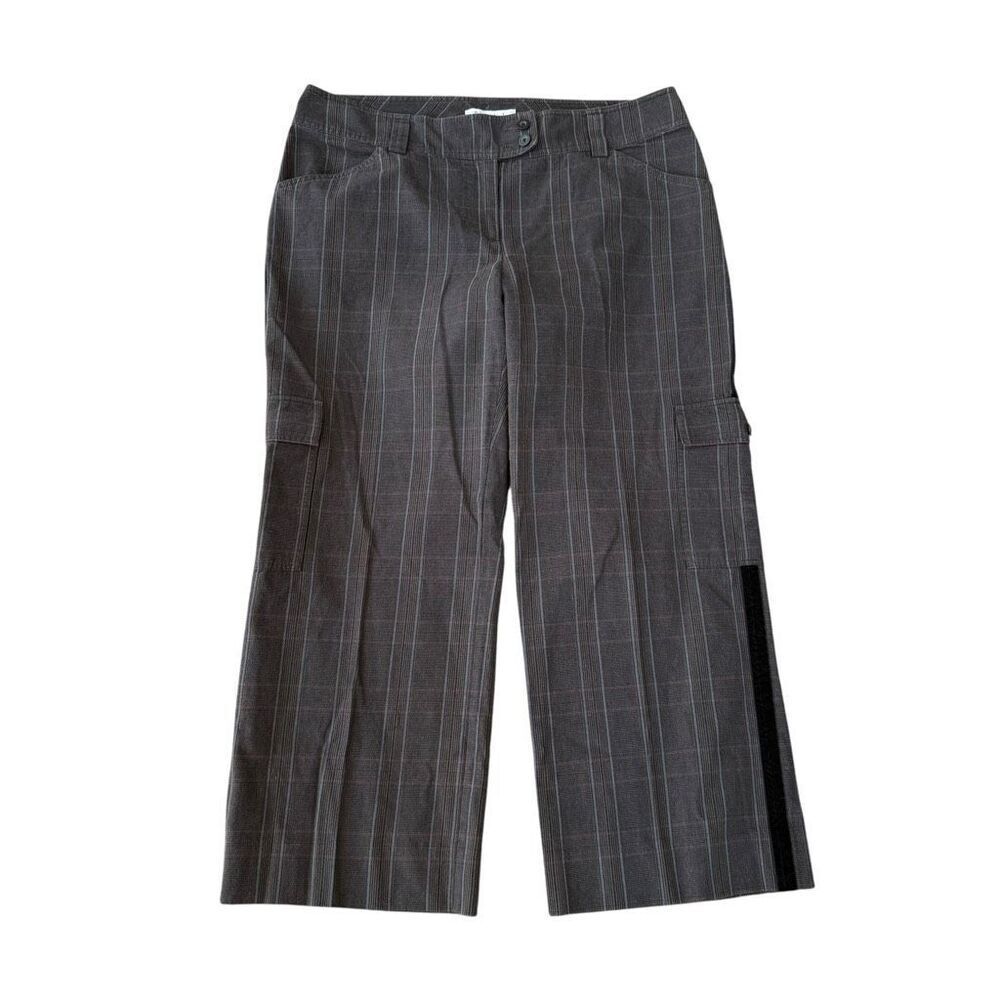 CABI Pants 100% Cotton brown Blue Wine Pinstripe Checks Tuxedo cropped sz 12